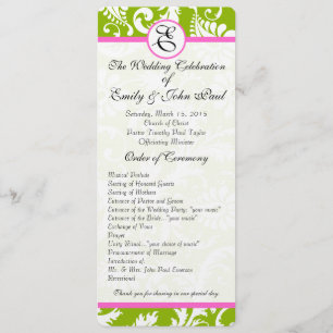 Apple Green & Pink Damask Swirls Wedding Program