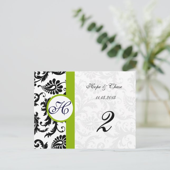 Apple Green Trim Black Damask Table Number Cards (Standing Front)