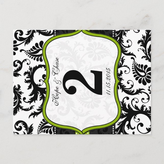 Apple Green Trim Damask Swirls Table Number Cards (Front)