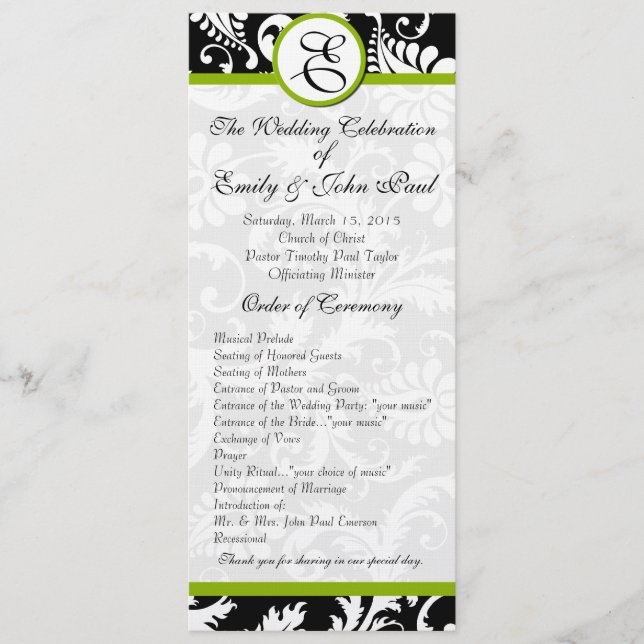 Apple Green Trim Damask Swirls Wedding Program (Front)