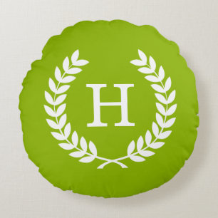 Apple Green Wheat Laurel Wreath Initial Monogram Round Pillow