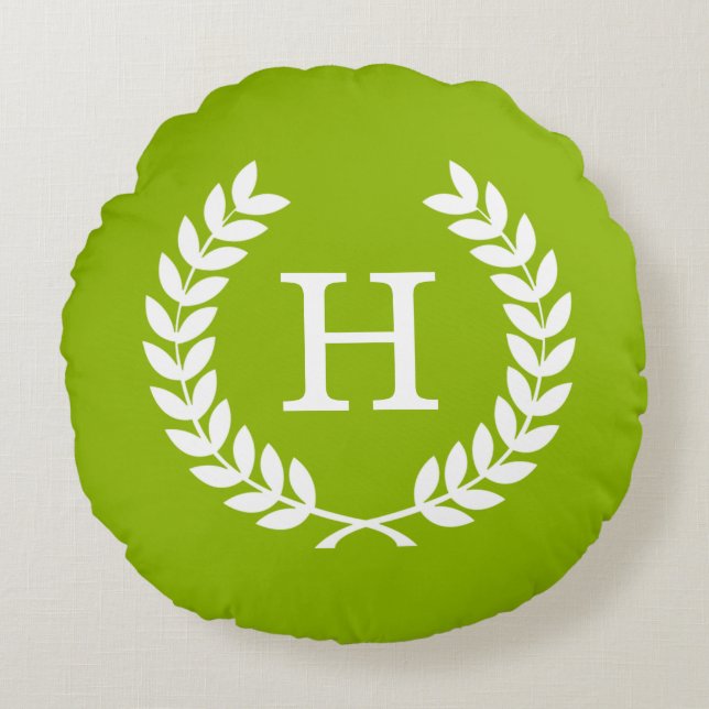 Apple Green Wheat Laurel Wreath Initial Monogram Round Pillow (Front)