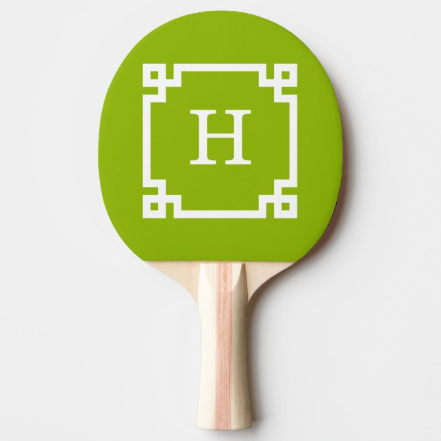 Apple Green White Greek Key #2 Framed Monogram Ping Pong Paddle (Front)