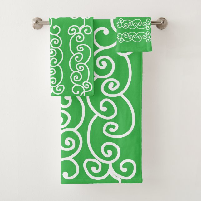 Apple green white scrolls bath towel set (Insitu)