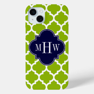 Apple Green Wt Moroccan #5 Navy 3 Initial Monogram iPhone 15 Mini Case
