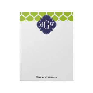 Apple Green Wt Moroccan #5 Navy 3 Initial Monogram Notepad