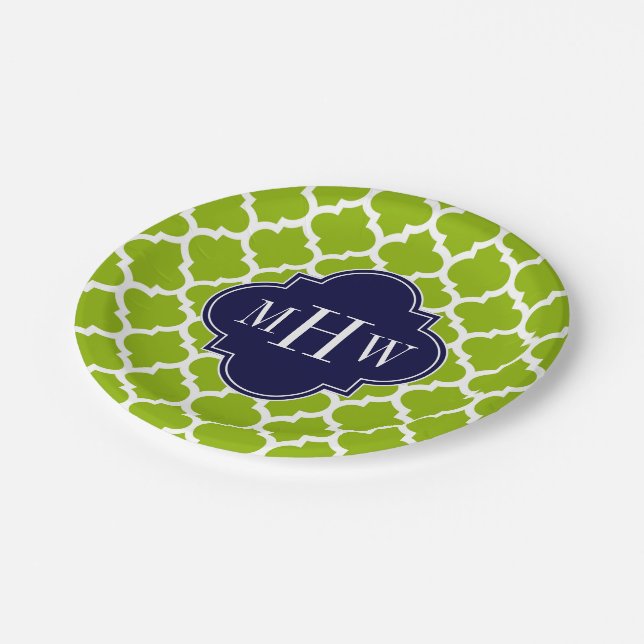 Apple Green Wt Moroccan #5 Navy 3 Initial Monogram Paper Plate (Angled)
