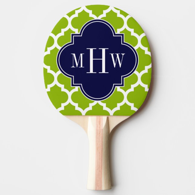 Apple Green Wt Moroccan #5 Navy 3 Initial Monogram Ping Pong Paddle (Front)