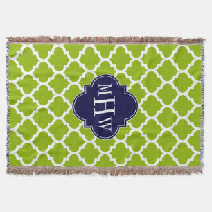 Apple Green Wt Moroccan #5 Navy 3 Initial Monogram Throw Blanket