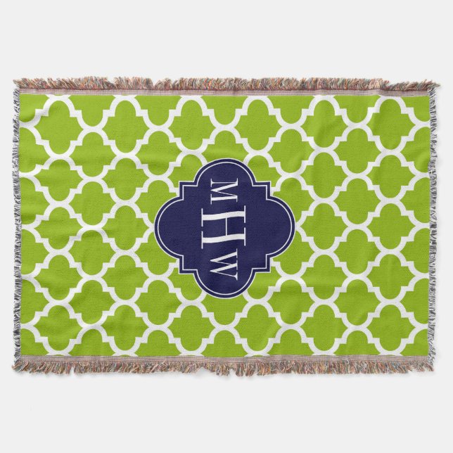 Apple Green Wt Moroccan #5 Navy 3 Initial Monogram Throw Blanket (Front)