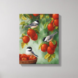 Apple Harvest Chickadees 30"x20" Canvas Print