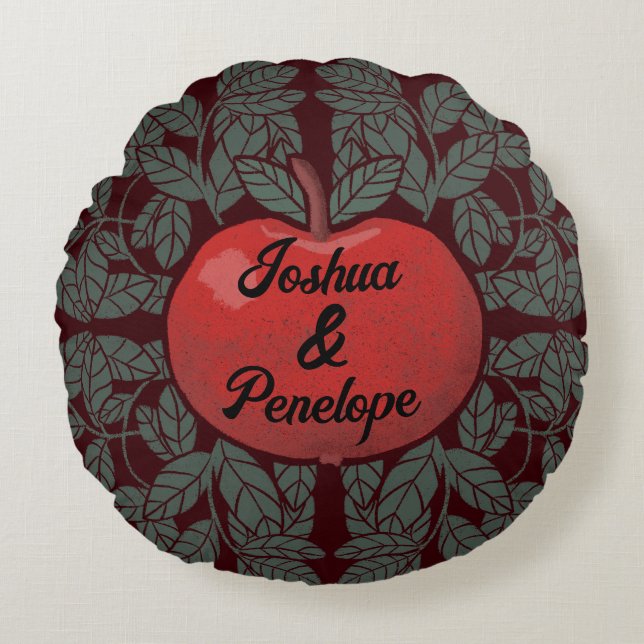 Apple in a tree, personalised, names, rustic round pillow (Front)