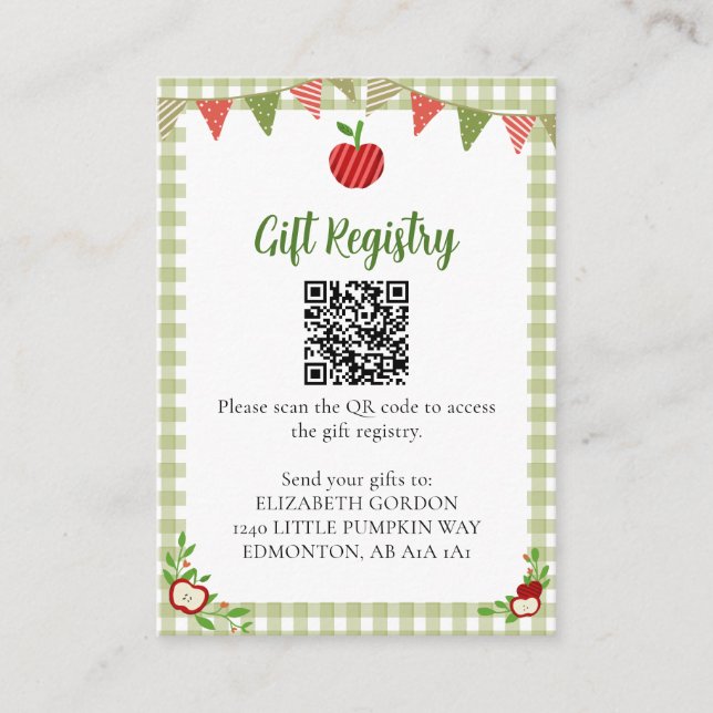 Apple of Our Eye Baby Shower Gift Registry QR Code Enclosure Card (Front)