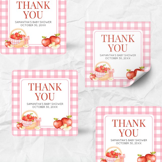 Apple of Our Eye Baby Shower Square Sticker (The Apple of Our Eye Gingham Baby Shower Square Sticker)