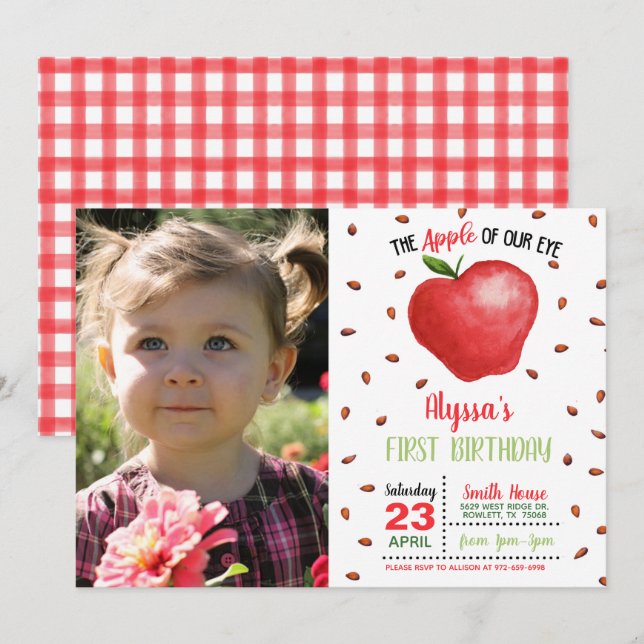 Apple of Our Eye Birthday Invitation w/Photo (Front/Back)