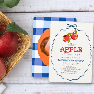 Apple of our Eye Blue Bow Boy Photo 1st Birthday Invitation
