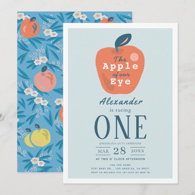 Apple of our Eye Boy Blue 1st Birthday Invitation (Front/Back)