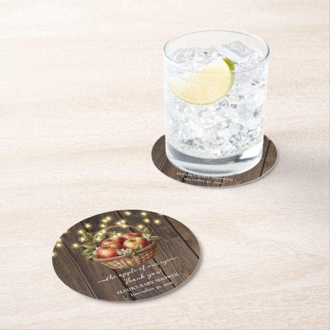 Apple Of Our Eye Fall Floral Wood Baby Shower Round Paper Coaster (Insitu)
