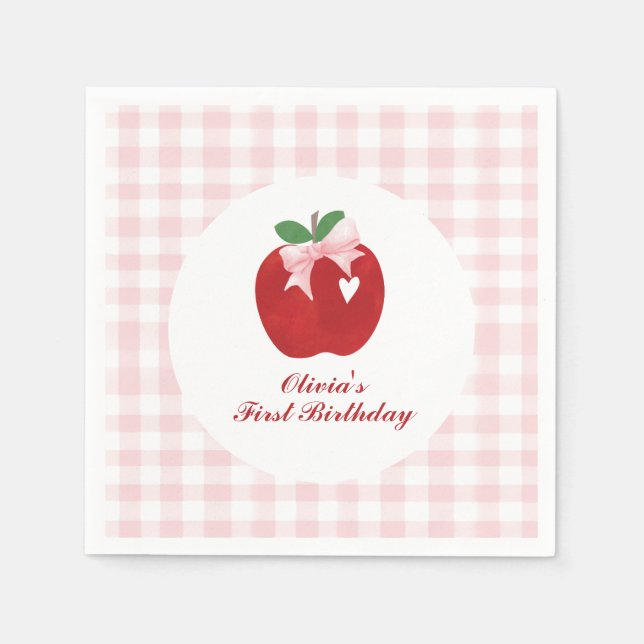 Apple of our Eye first birthday pink bow Napkin (Front)