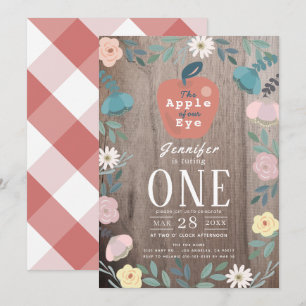 Apple of our Eye Floral Wood Girl 1st Birthday Invitation