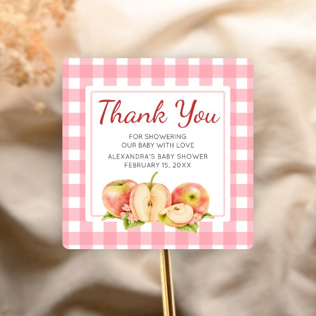 Apple of Our Eye Gingham Baby Shower Square Sticker (Apple Baby Shower Sticker)