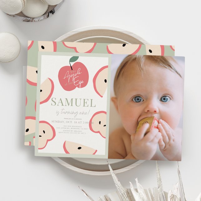 Apple of our Eye Green Boy 1st Birthday Photo Invitation (Creator Uploaded)