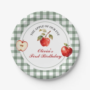 Apple of our eye green plaid first birthday paper plate