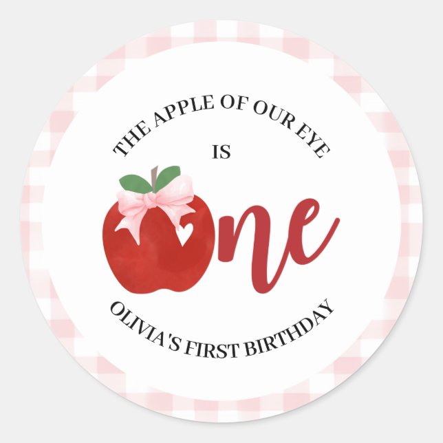 Apple of our eye Pink bow birthday Classic Round Sticker (Front)