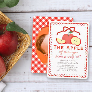 Apple of Our Eye Red Bow Photo Girl's 1st Birthday Invitation
