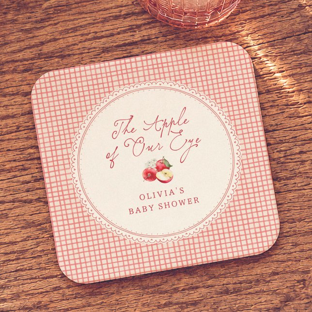 Apple Of Our Eye Red Gingham Baby Shower Square Paper Coaster (Creator Uploaded)