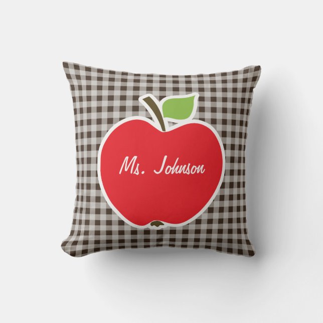 Apple on Bistre Brown Gingham Throw Pillow (Front)