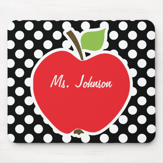 Apple on Black and White Polka Dots Mouse Pad (Front)