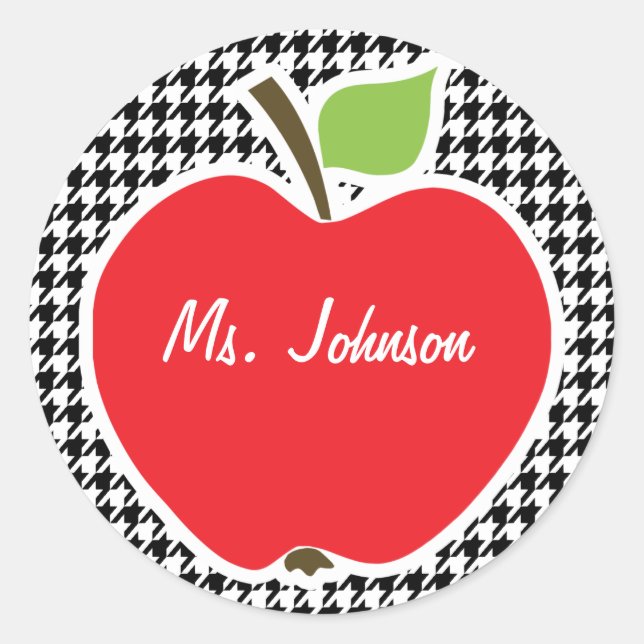 Apple on Black & White Houndstooth Classic Round Sticker (Front)
