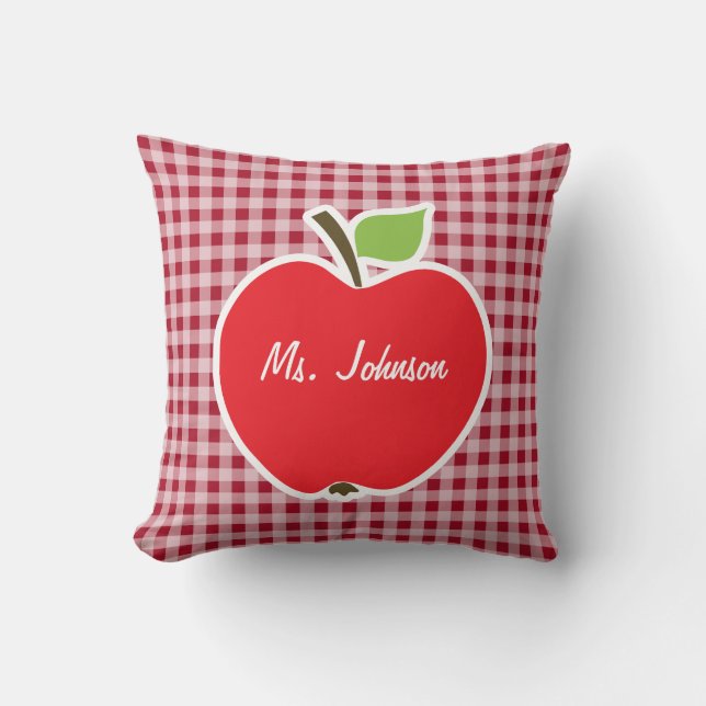 Apple on Carmine Red Gingham Throw Pillow (Front)