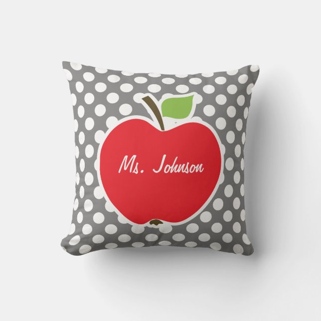 Apple on Dark Grey Polka Dots Throw Pillow (Front)