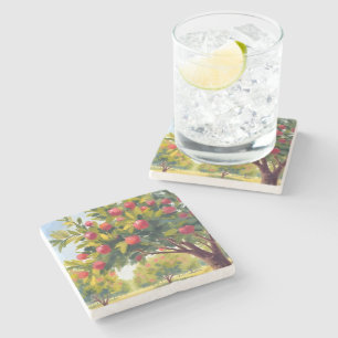 Apple Orchard Autumn Fall Watercolor Stone Coaster