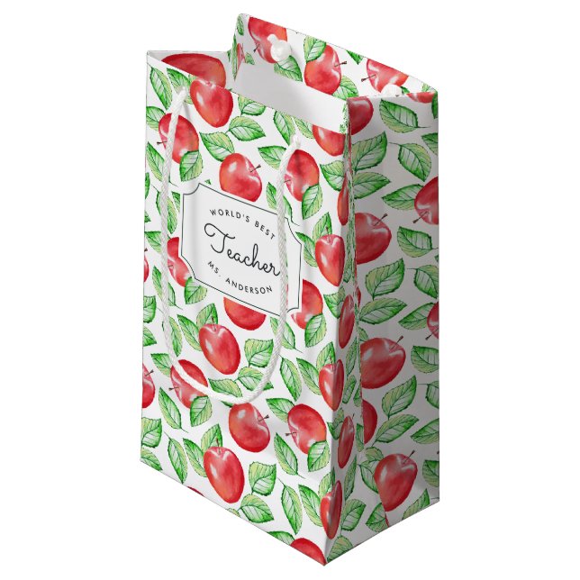 Apple Pattern Personalized Teacher Small Gift Bag (Front Angled)