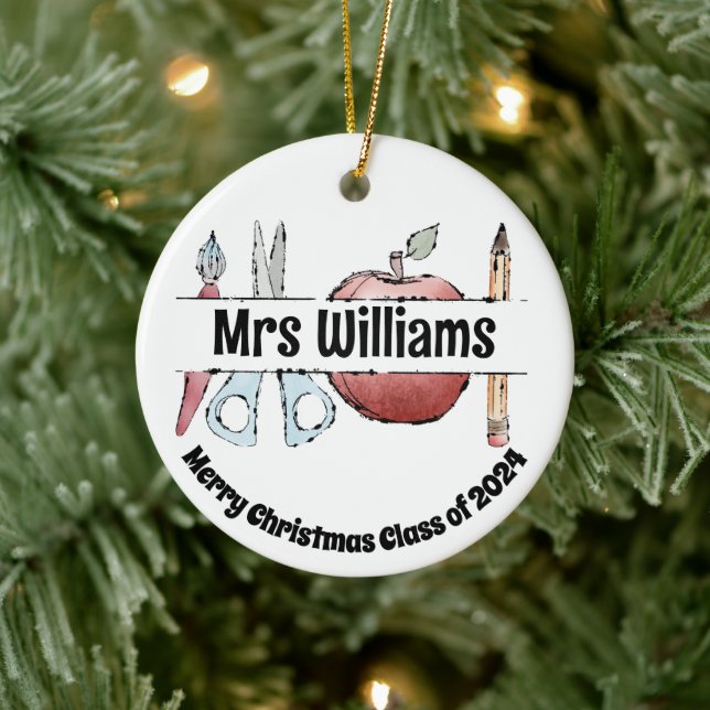 Apple Pencil & Scissors Design – Gift for Teachers Ceramic Ornament (Tree)