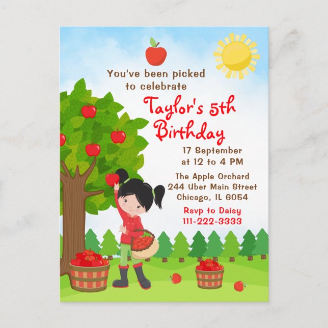Apple Picking Anniversaire Black Hair Girl Carte p (Devant)