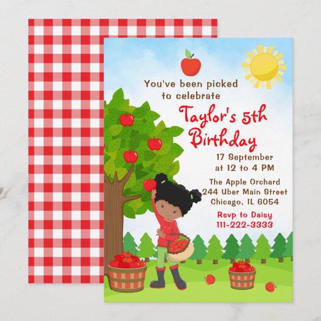 Apple Picking Birthday African American Girl Invit Invitation (Front/Back)