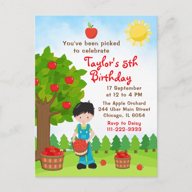 Apple Picking Birthday Black Hair Boy Postcard (Front)