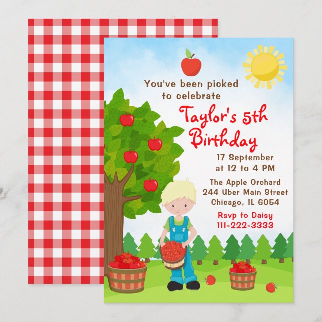 Apple Picking Birthday Blonde Hair Boy Invitation (Front/Back)