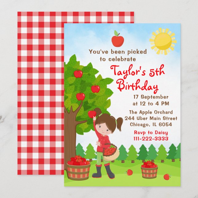 Apple Picking Birthday Brown Hair Girl Invitation (Front/Back)