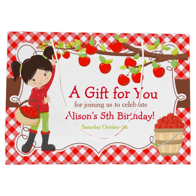 Apple Picking Black Hair Girl Birthday Party Large Gift Bag (Back)