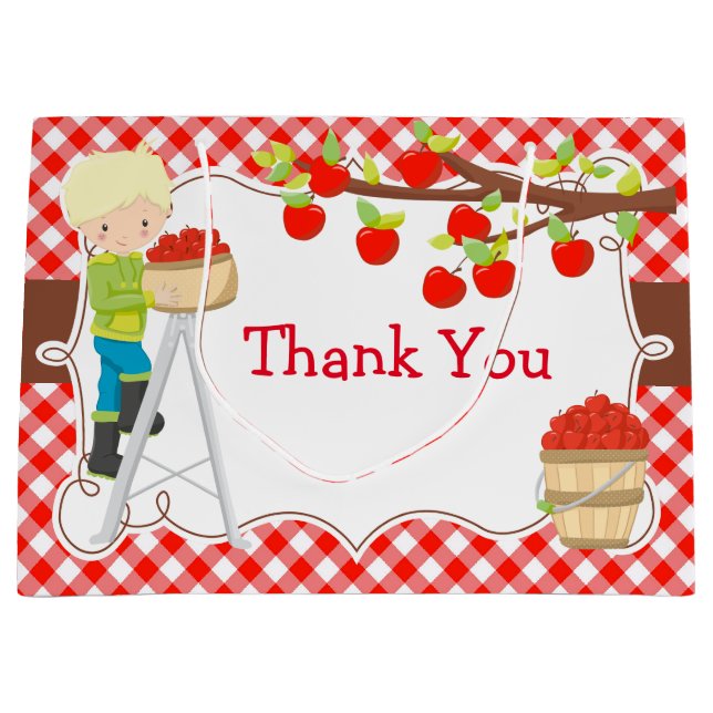 Apple Picking Blonde Boy Birthday Party Large Gift Bag (Front)