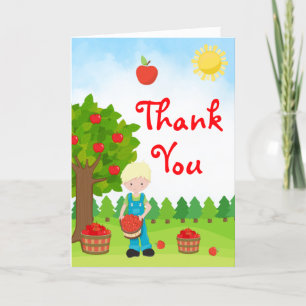 Apple Picking Blonde Hair Boy Birthday Thank You C Card