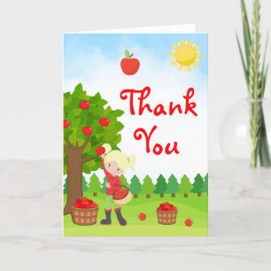 Apple Picking Blonde Hair Girl Birthday Thank You  Card