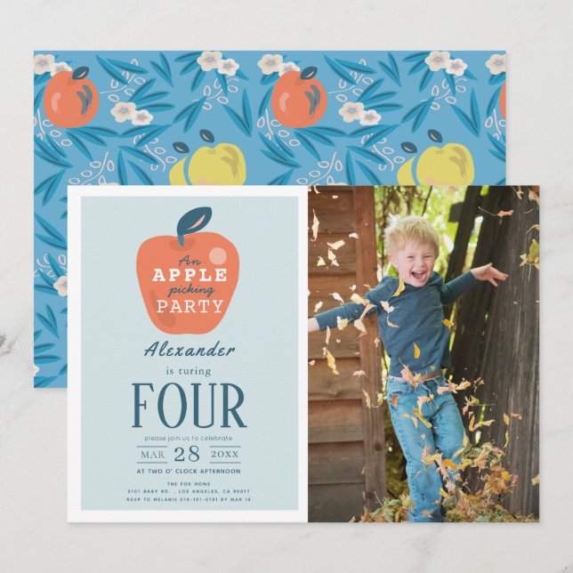 Apple Picking Blue Boy Photo Birthday Invitation (Front/Back)
