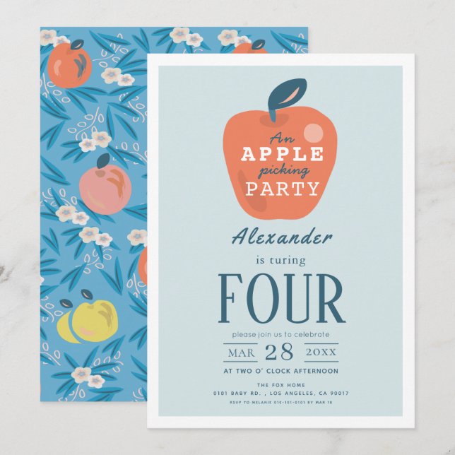 Apple Picking Boy Blue Birthday Invitation (Front/Back)