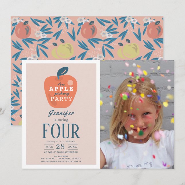 Apple Picking Girl Pink Photo Birthday Invitation (Front/Back)